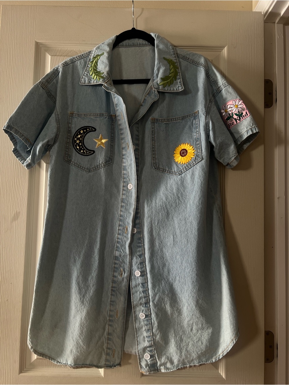 Patched Light Blue Denim Shirt Dress